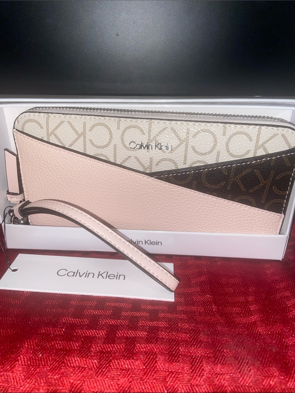 Calvin Klein Blush Pink and Brown Logo Zip Wristlet